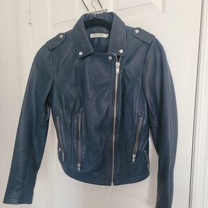 Leather crop jacket in dark blue/green, cotton lining with interior and exterior